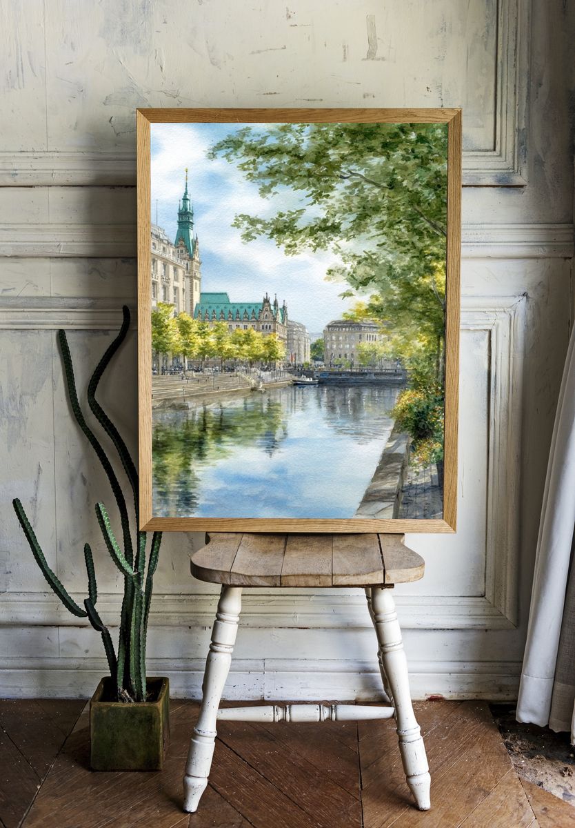 Hamburg Canal — Watercolor Print. — room view 1