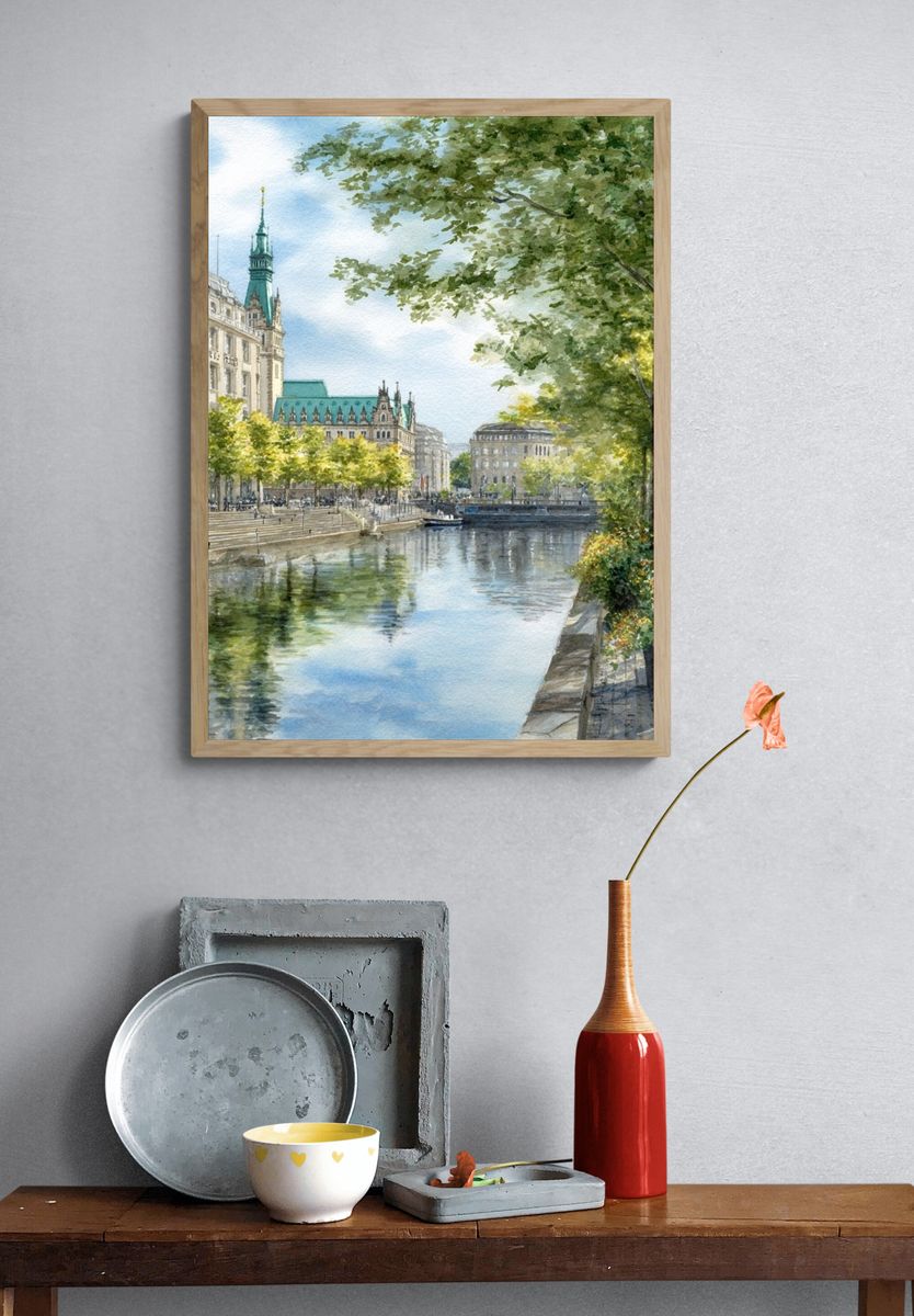 Hamburg Canal — Watercolor Print. — room view 3