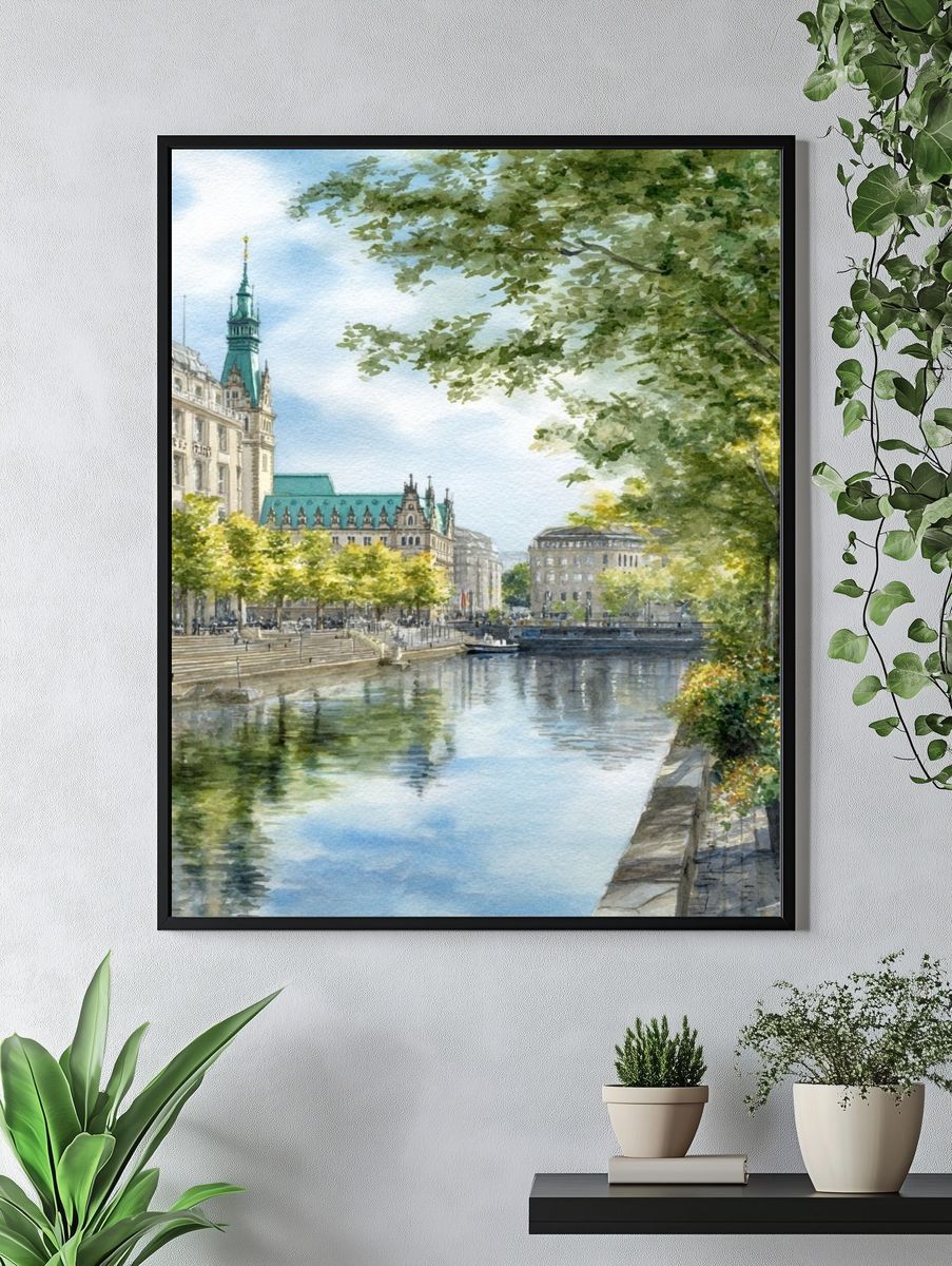 Hamburg Canal — Watercolor Print. — room view 4