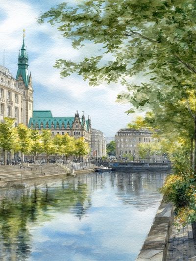 Hamburg Canal — Watercolor Print. poster print