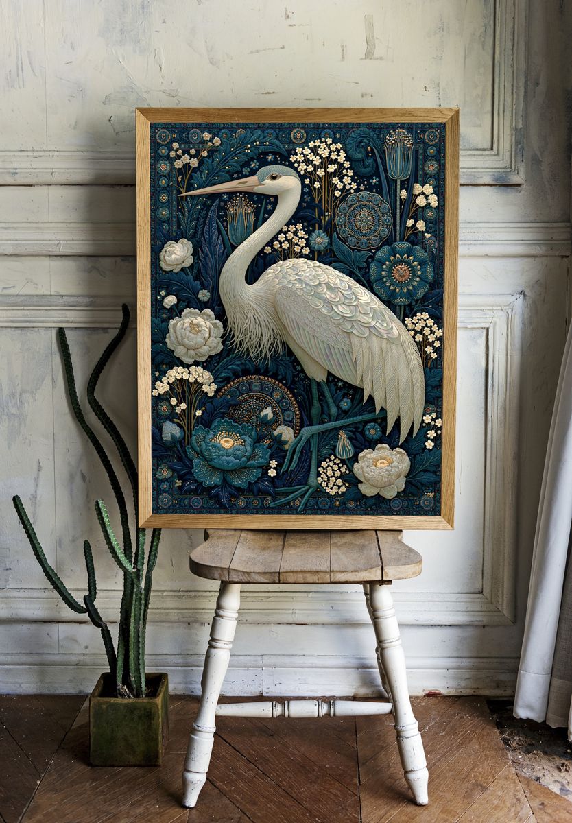 Heron Floral Tapestry Poster. room preview