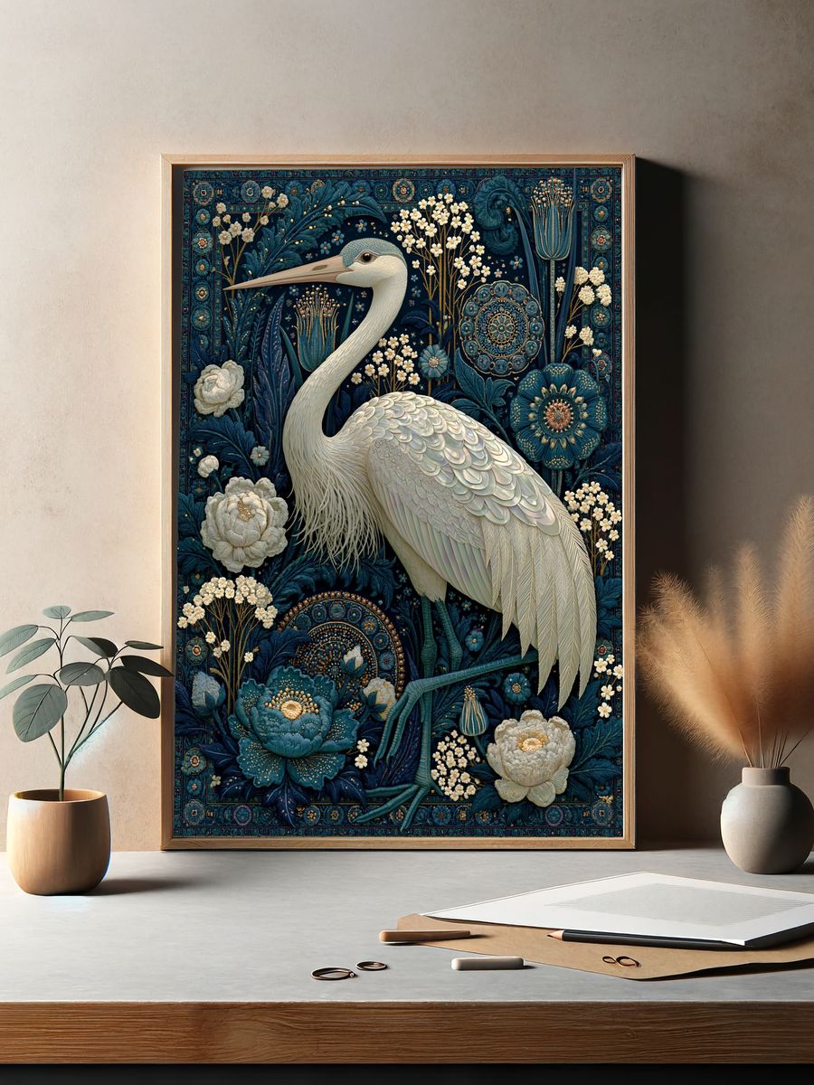 Heron Floral Tapestry Poster. — room view 2