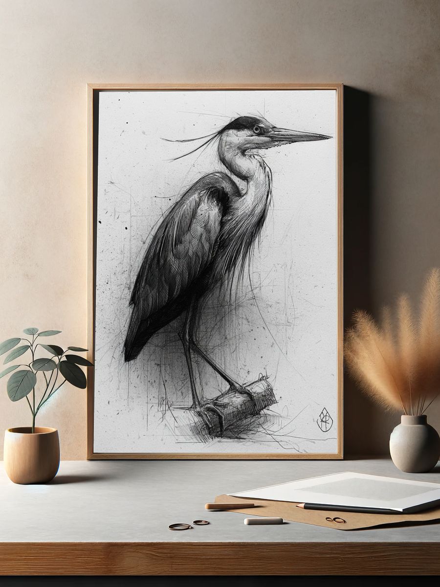Heron Sketch Illustration Poster. — room view 2