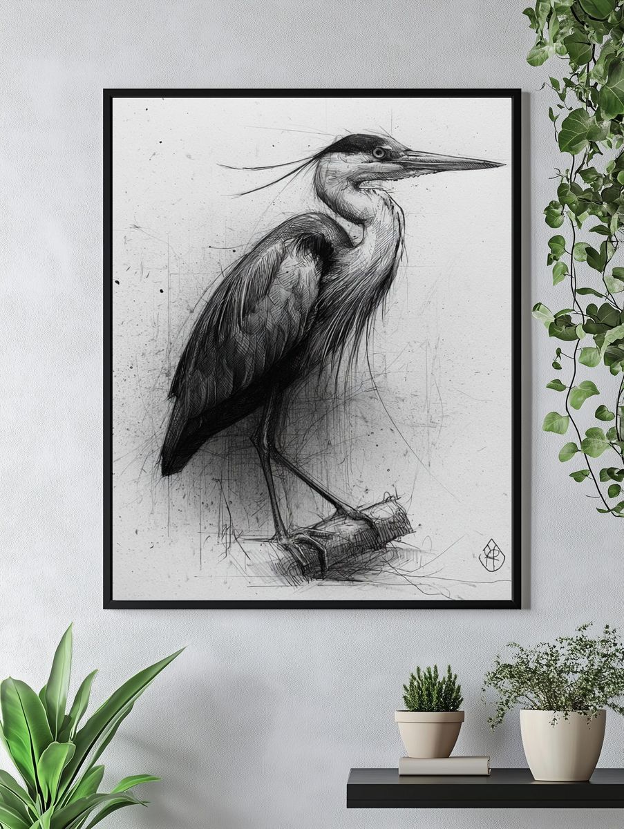Heron Sketch Illustration Poster. — room view 4
