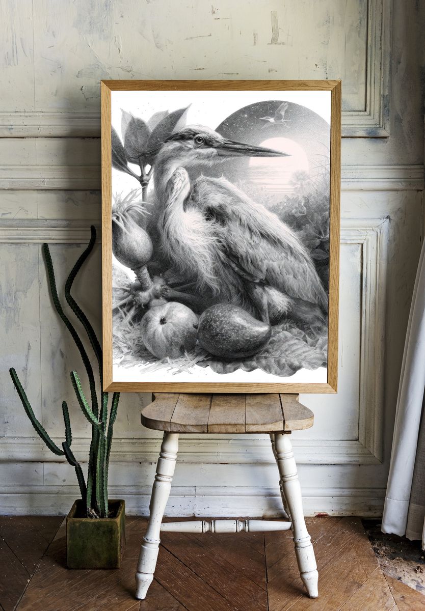 Heron Still Life Illustration Print. — room view 1