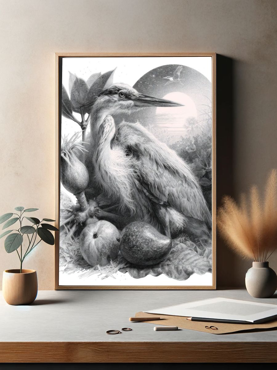 Heron Still Life Illustration Print. — room view 2