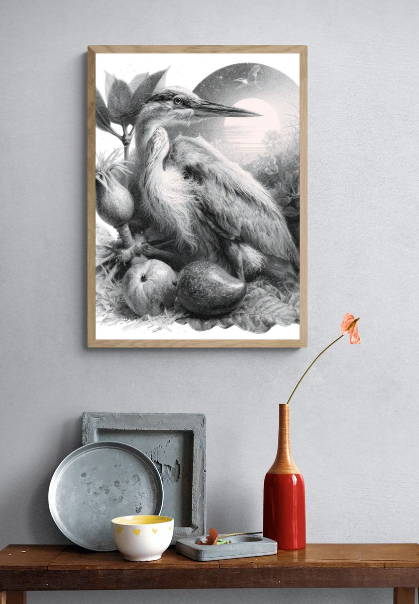 Heron Still Life Illustration Print. — room view 3