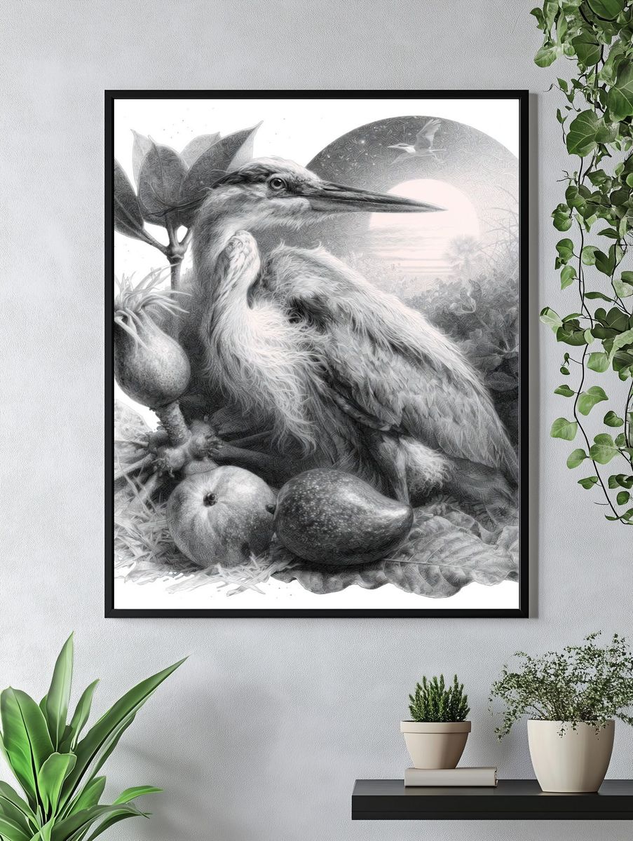 Heron Still Life Illustration Print. — room view 4
