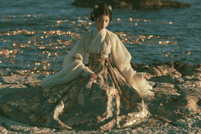 Hanfu Seaside Portrait Print. poster