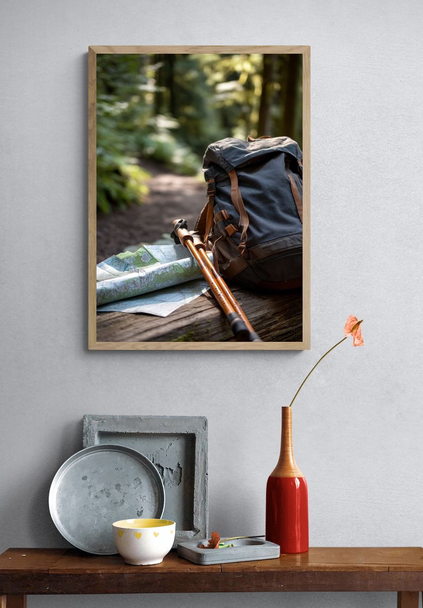 Hiking Gear in Nature — Photography Print. — room view 3