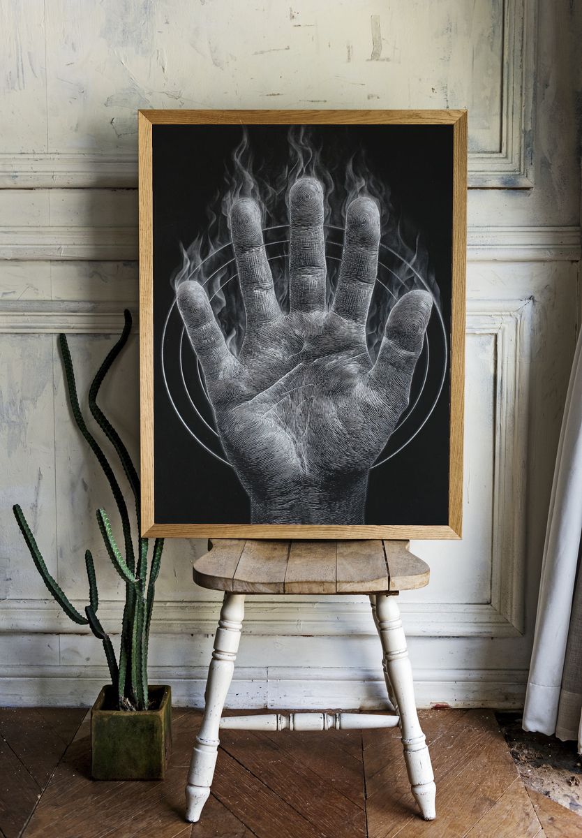 Hand in Flames — Fine Art Print. — room view 1