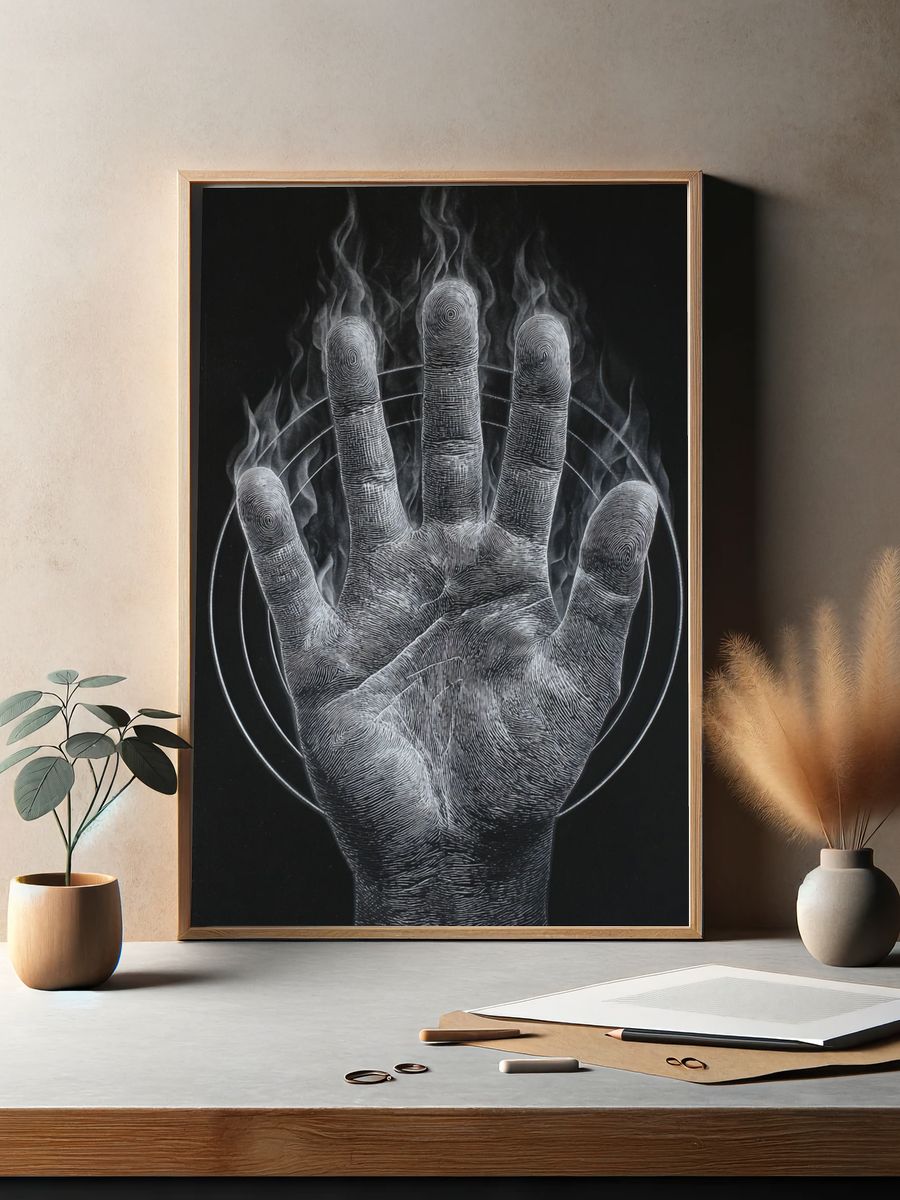 Hand in Flames — Fine Art Print. — room view 2