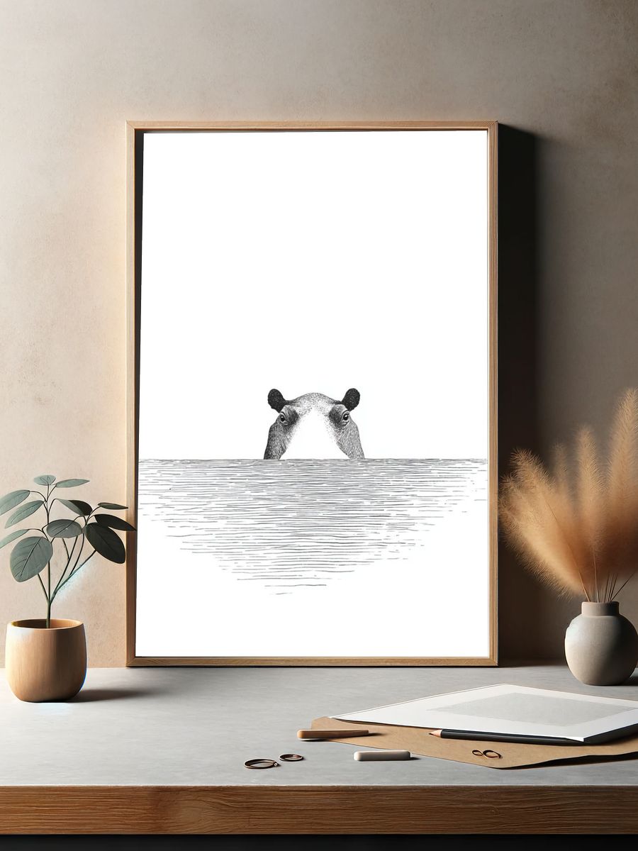 Peeking Hippo Line Art Poster. — room view 2
