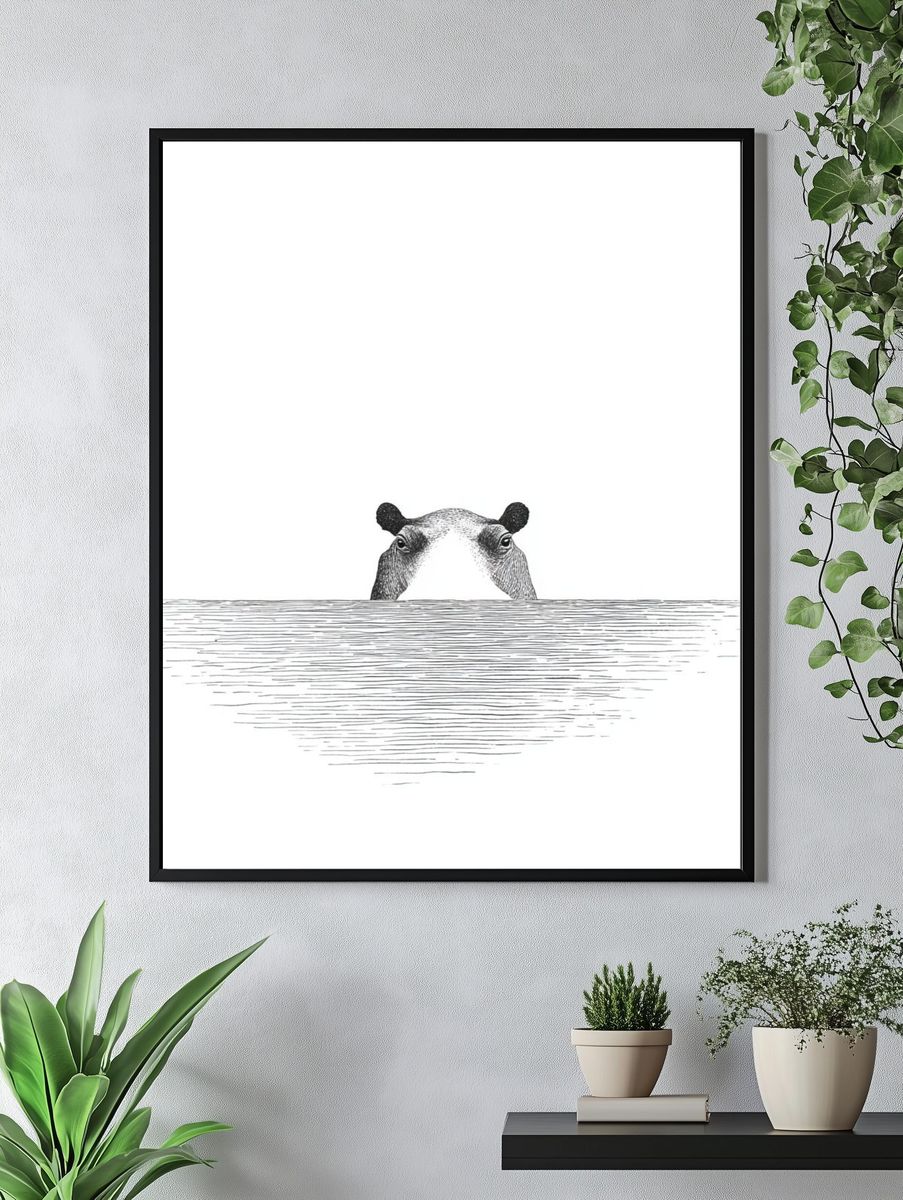 Peeking Hippo Line Art Poster. — room view 4