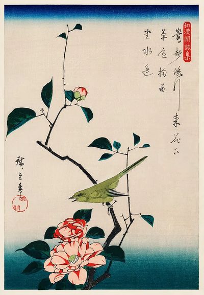 ukiyo-e illustration, Camellia Nightingale Utagawa. poster