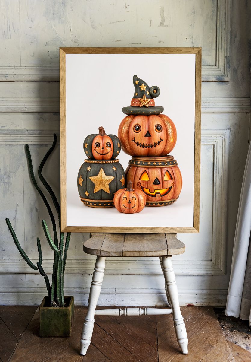 Halloween Pumpkin Stack Illustration Poster. room preview