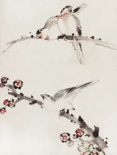 Three Birds Perched Branches, One.