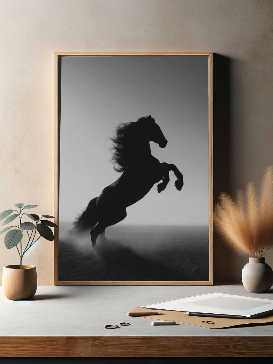 Rearing Horse Black-White Poster. — room view 2