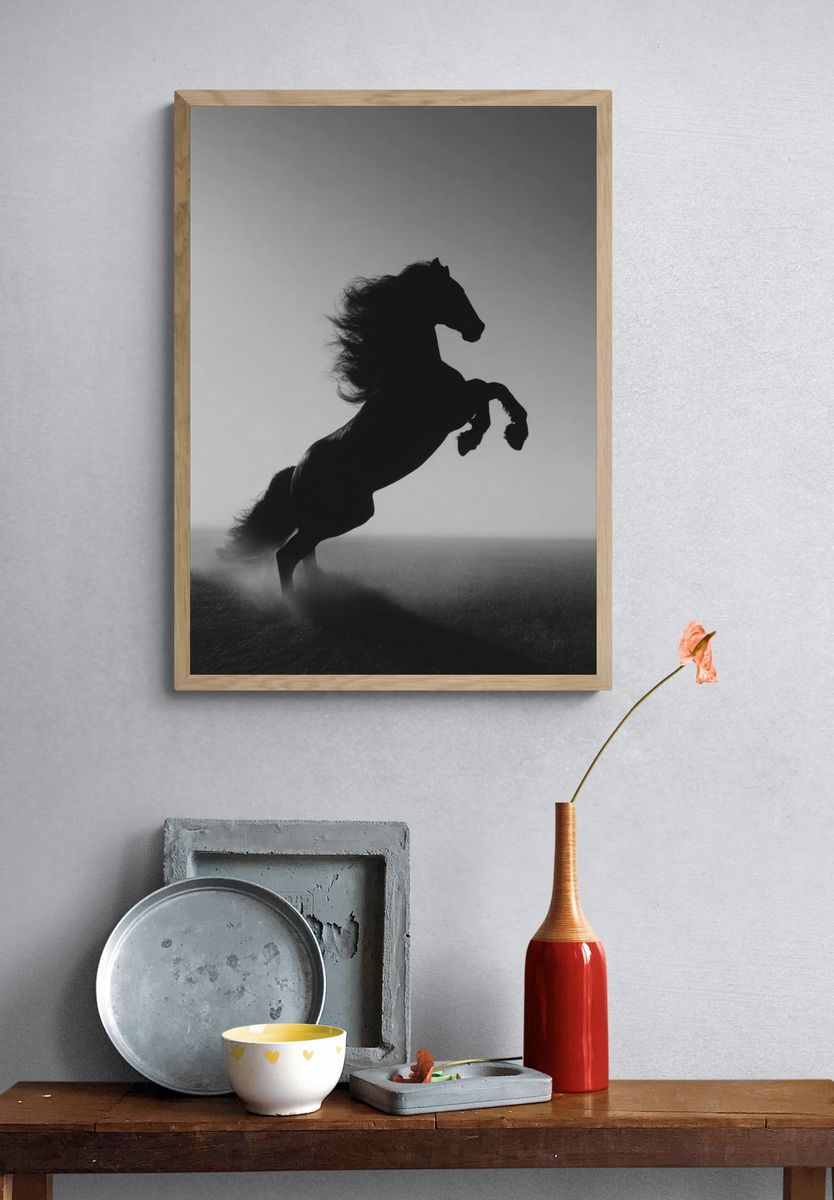 Rearing Horse Black-White Poster. — room view 3