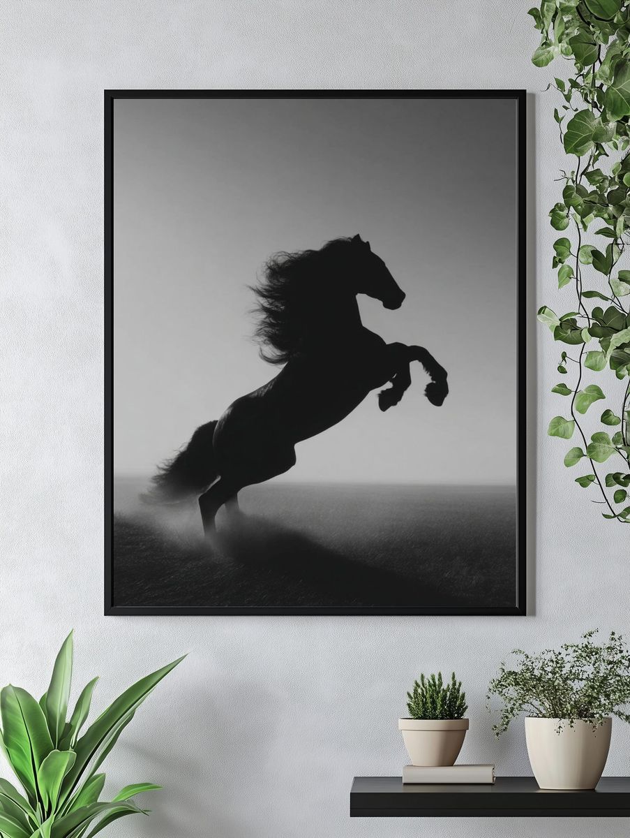 Rearing Horse Black-White Poster. — room view 4