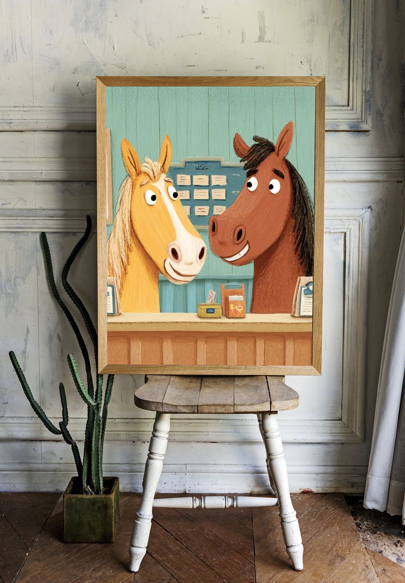 Friendly Horses Illustration Poster. — room view 1