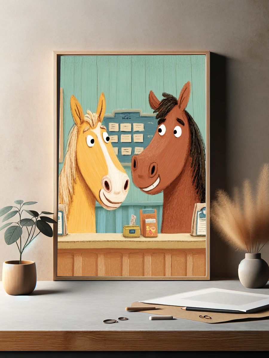 Friendly Horses Illustration Poster. — room view 2