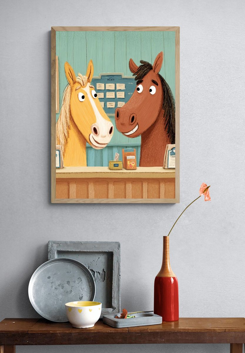 Friendly Horses Illustration Poster. — room view 3