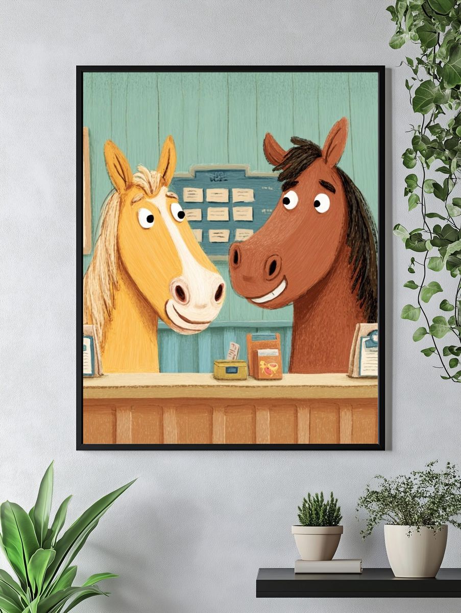 Friendly Horses Illustration Poster. — room view 4