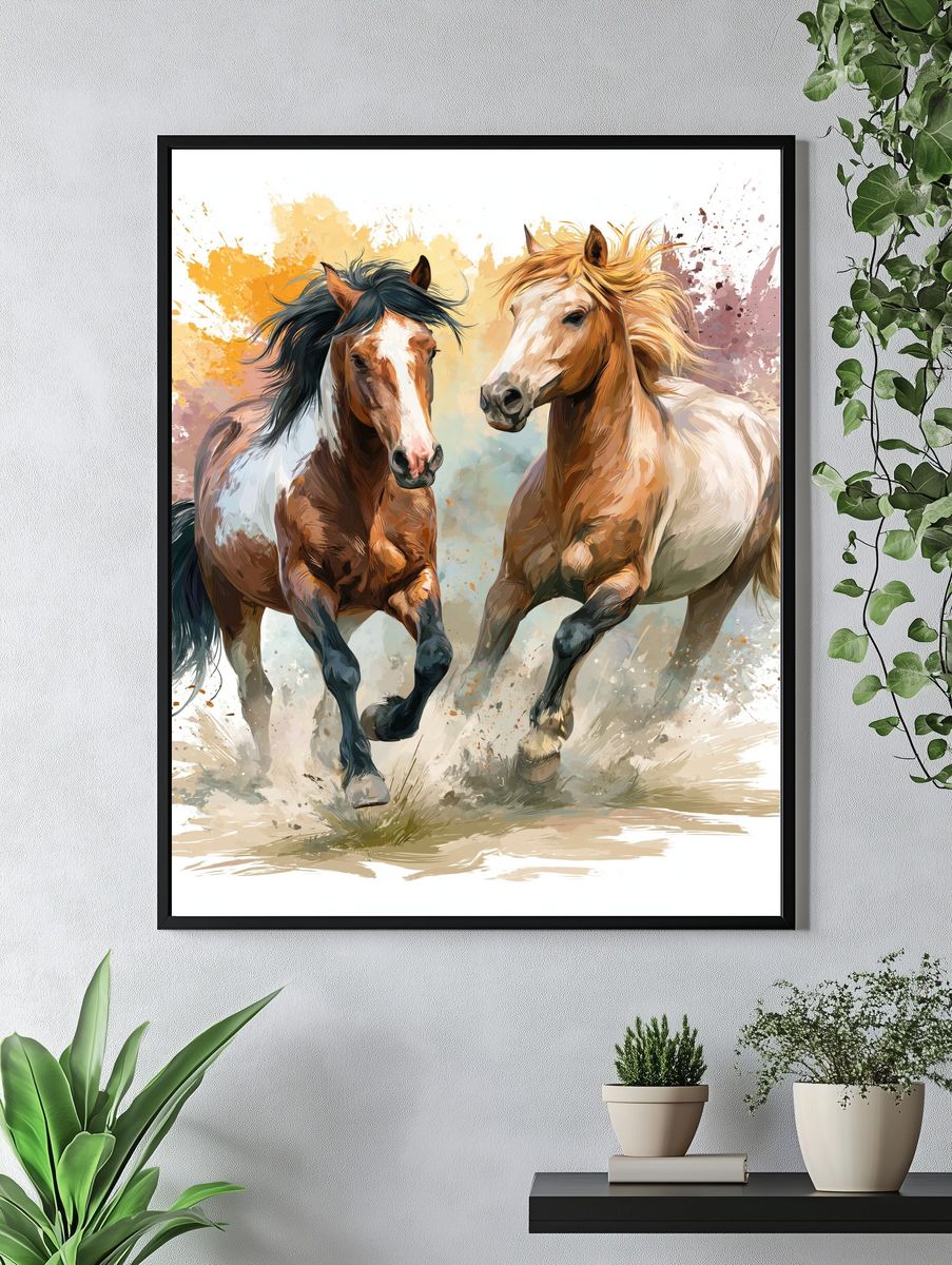 Galloping Horses Watercolor Poster. — room view 4