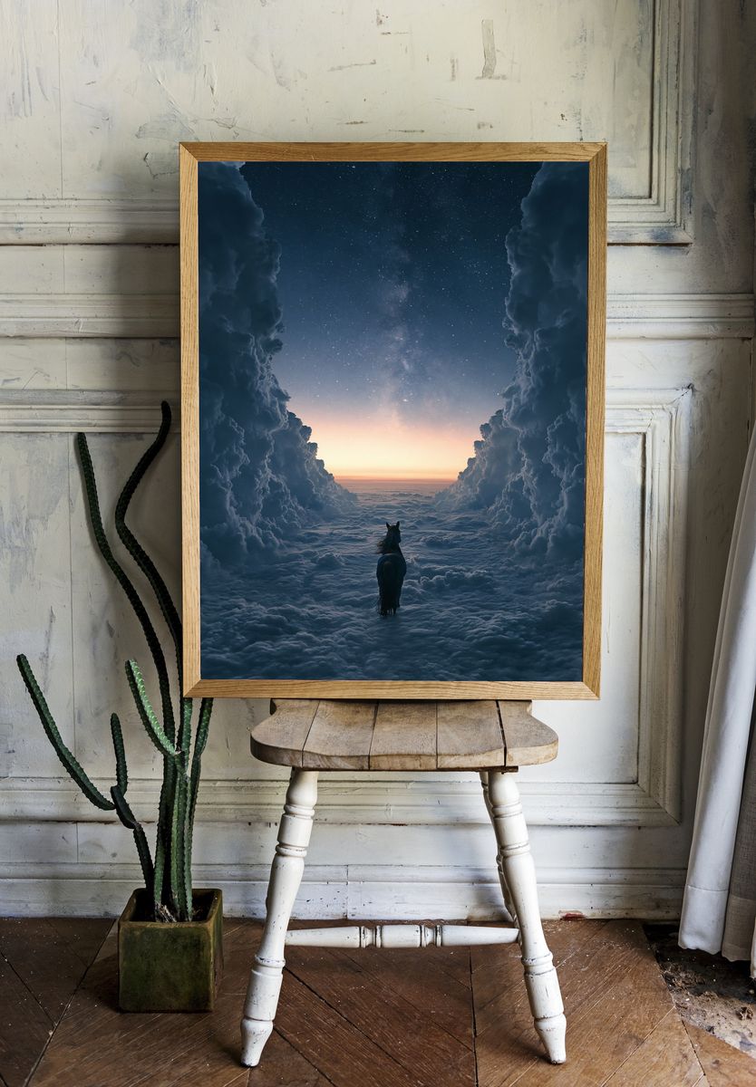 Horse Above the Clouds Fantasy Print. room preview