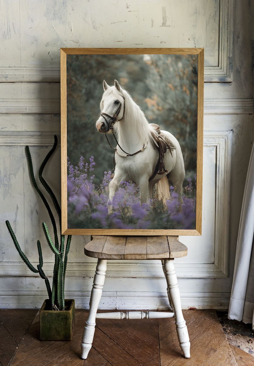 White Horse in Lavender Field Poster. room preview