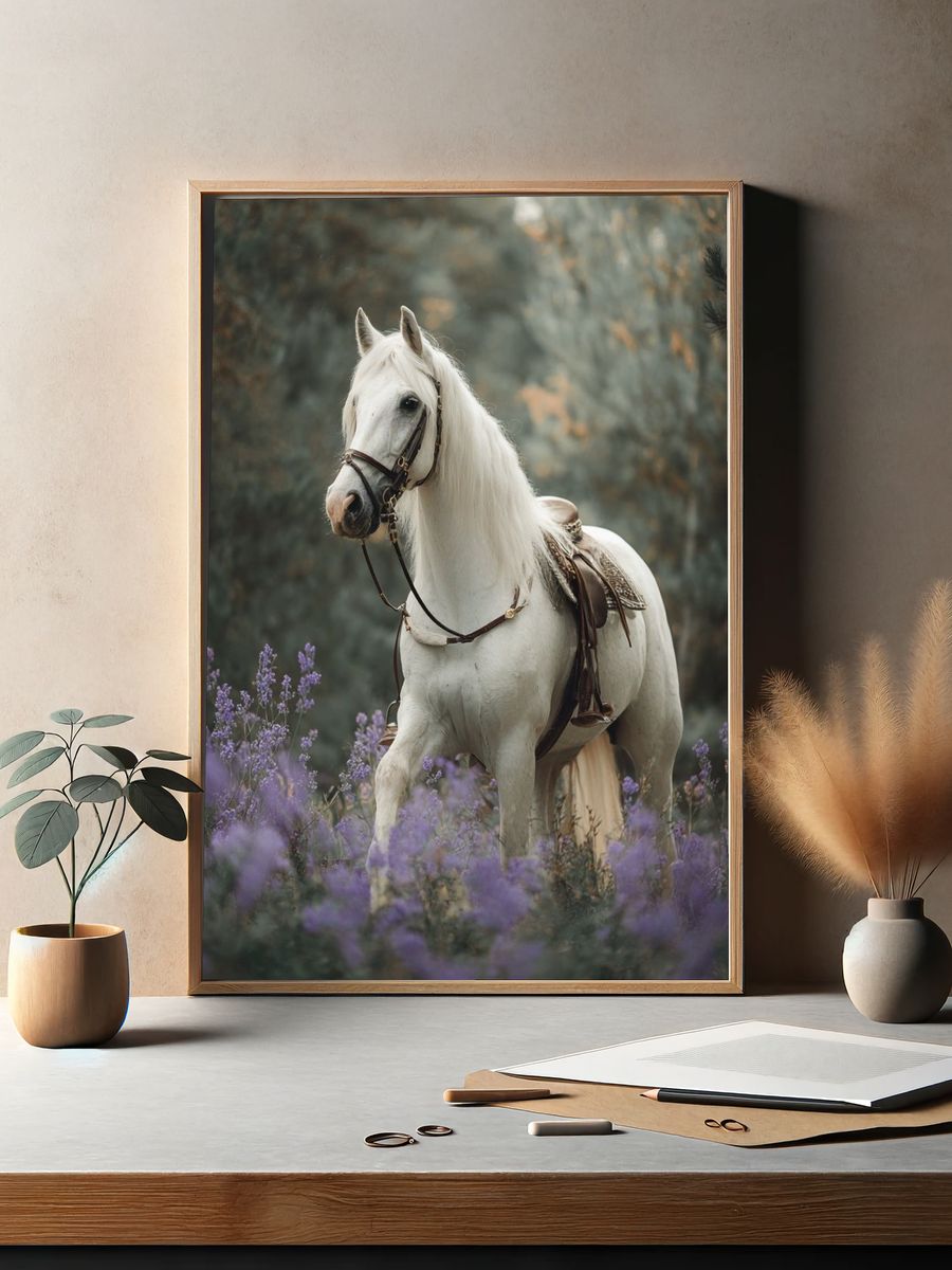 White Horse in Lavender Field Poster. — room view 2