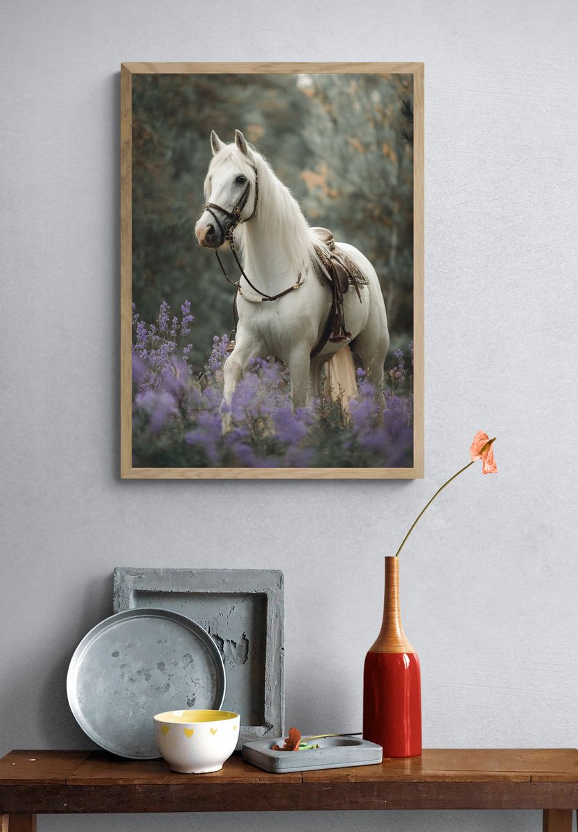 White Horse in Lavender Field Poster. — room view 3