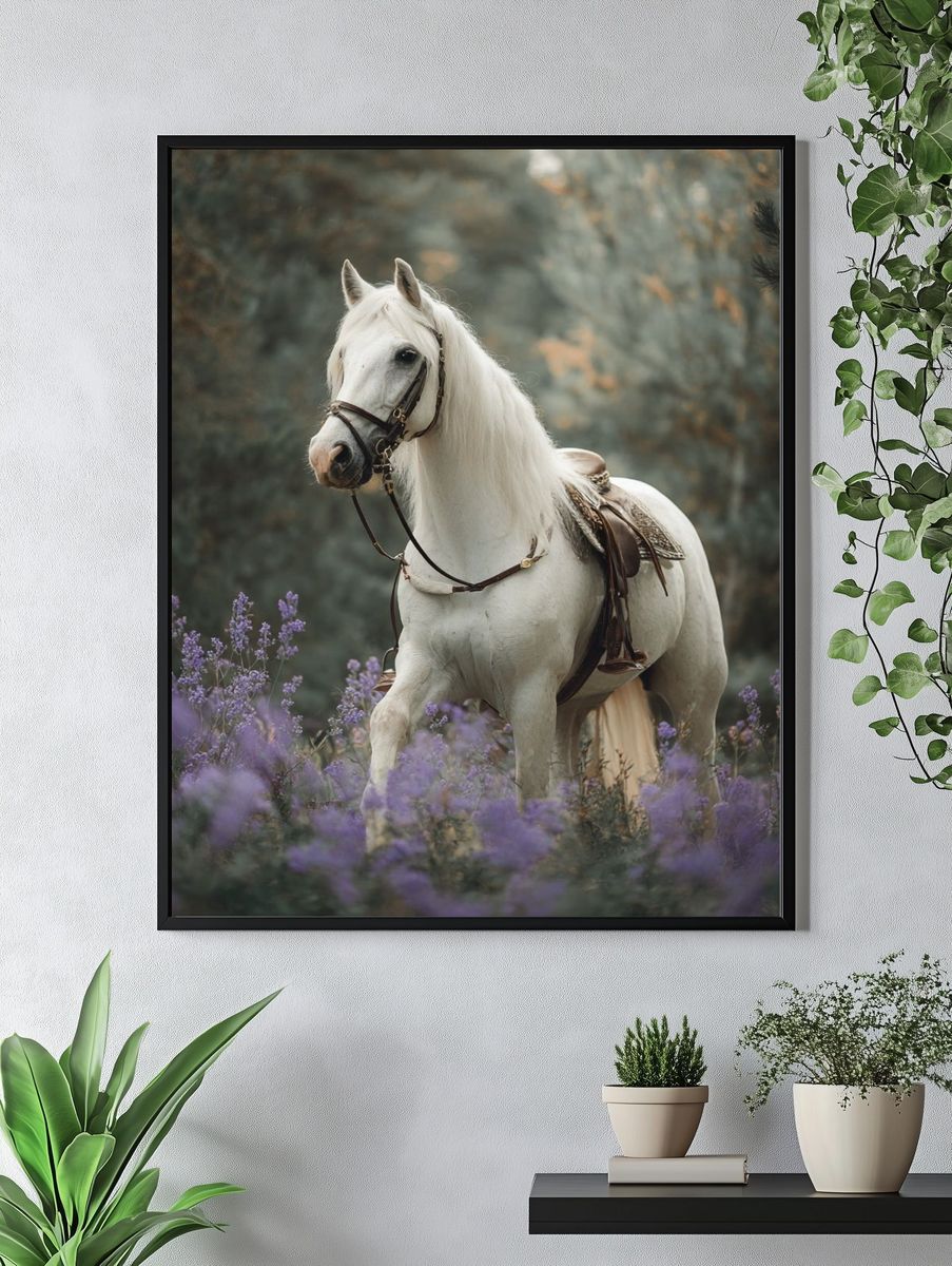 White Horse in Lavender Field Poster. — room view 4