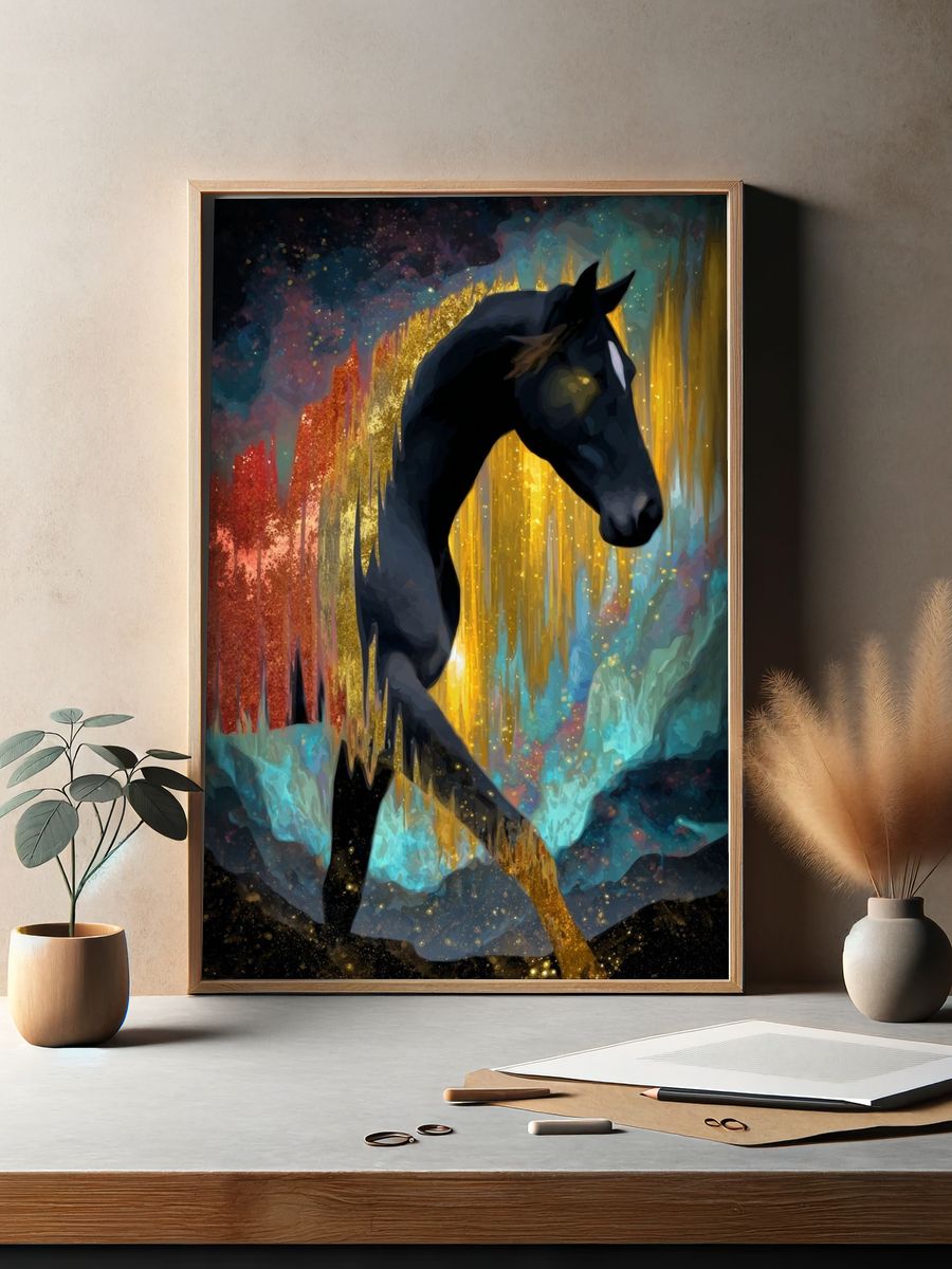 Black Horse Dreamscape Illustration Poster. — room view 2