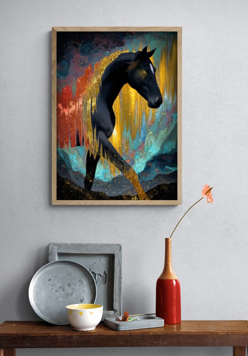 Black Horse Dreamscape Illustration Poster. — room view 3