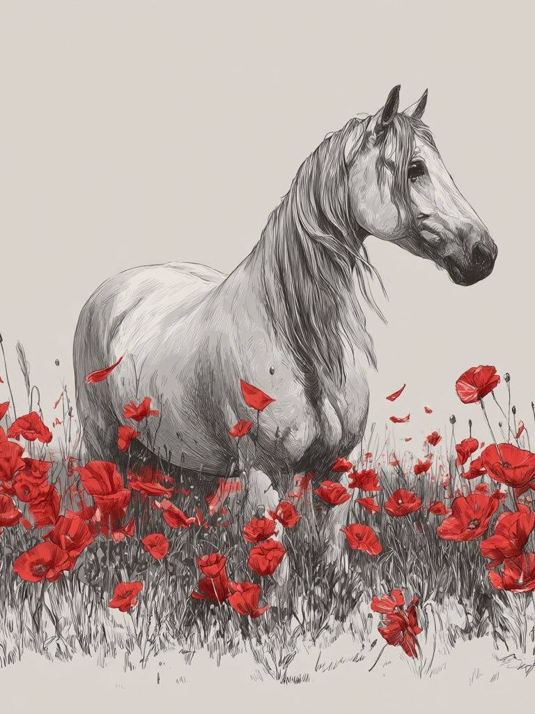 White Horse in Poppies Illustration Poster. poster — animals art