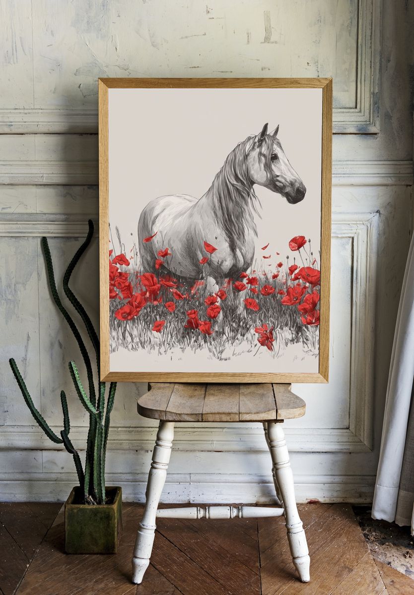 White Horse in Poppies Illustration Poster. — room view 1