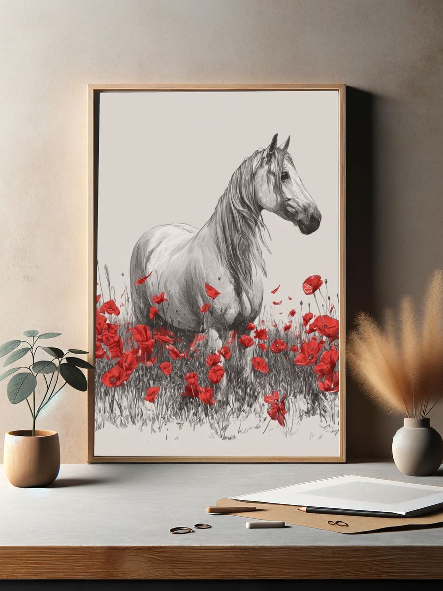 White Horse in Poppies Illustration Poster. — room view 2