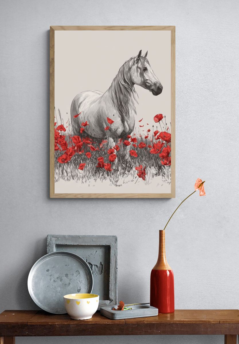 White Horse in Poppies Illustration Poster. — room view 3