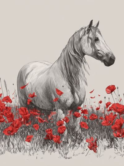 White Horse in Poppies Illustration Poster.