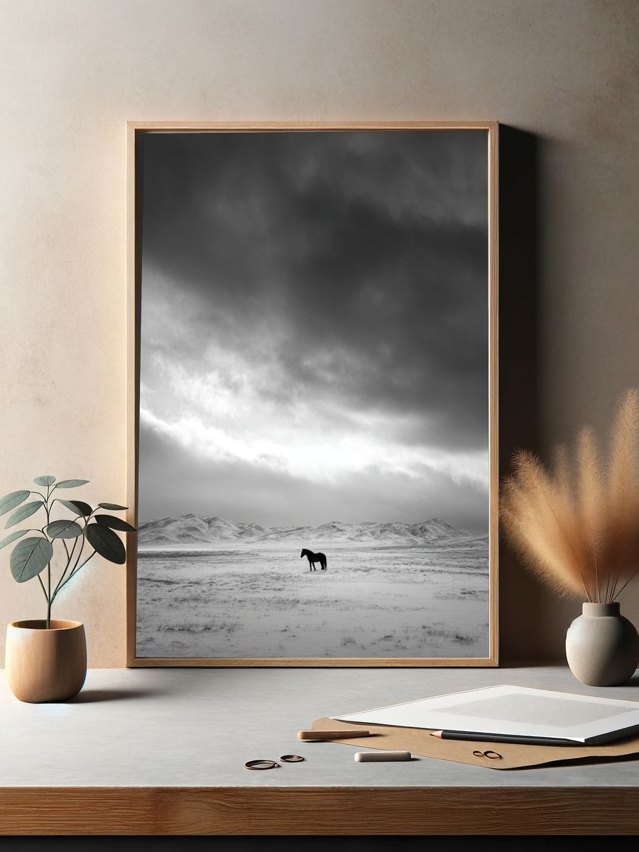 Solitary Horse in Snowy Landscape Poster. — room view 2