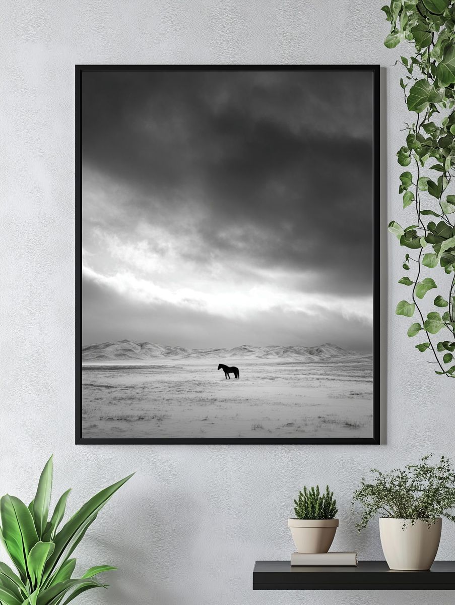 Solitary Horse in Snowy Landscape Poster. — room view 4