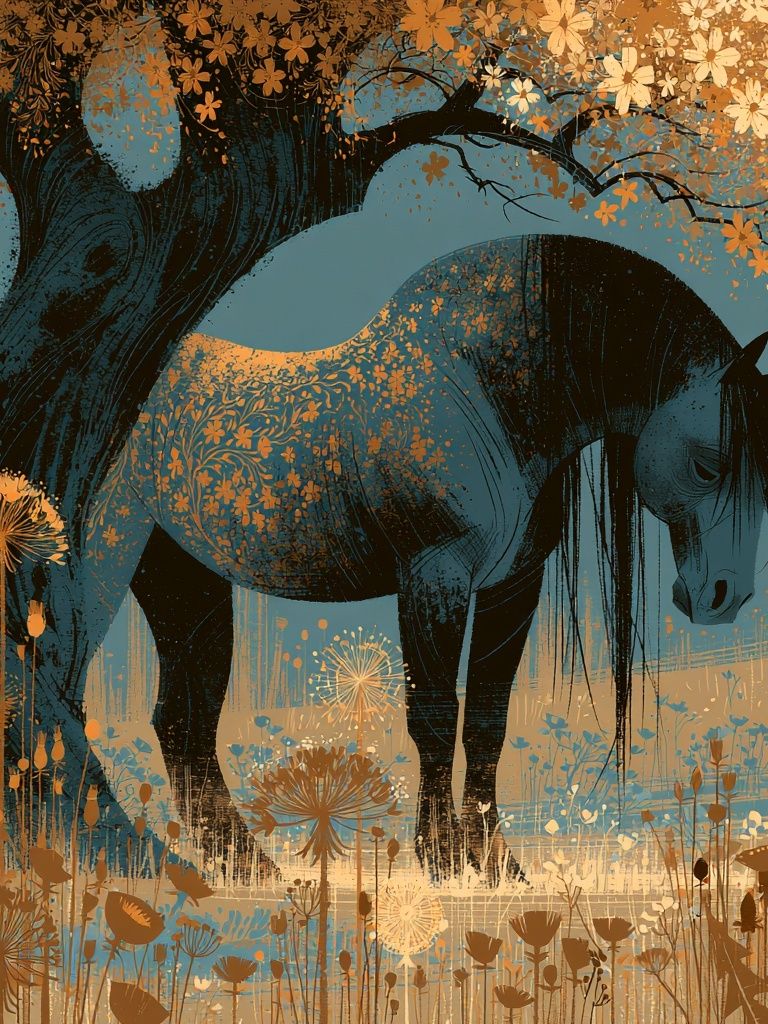 Horse Under Blossom Tree Print. poster — animals art