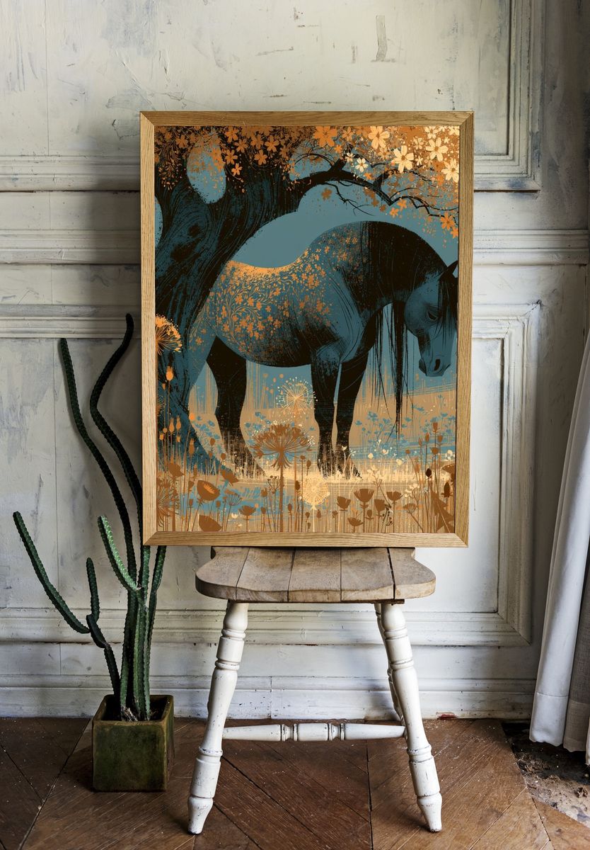 Horse Under Blossom Tree Print. room preview