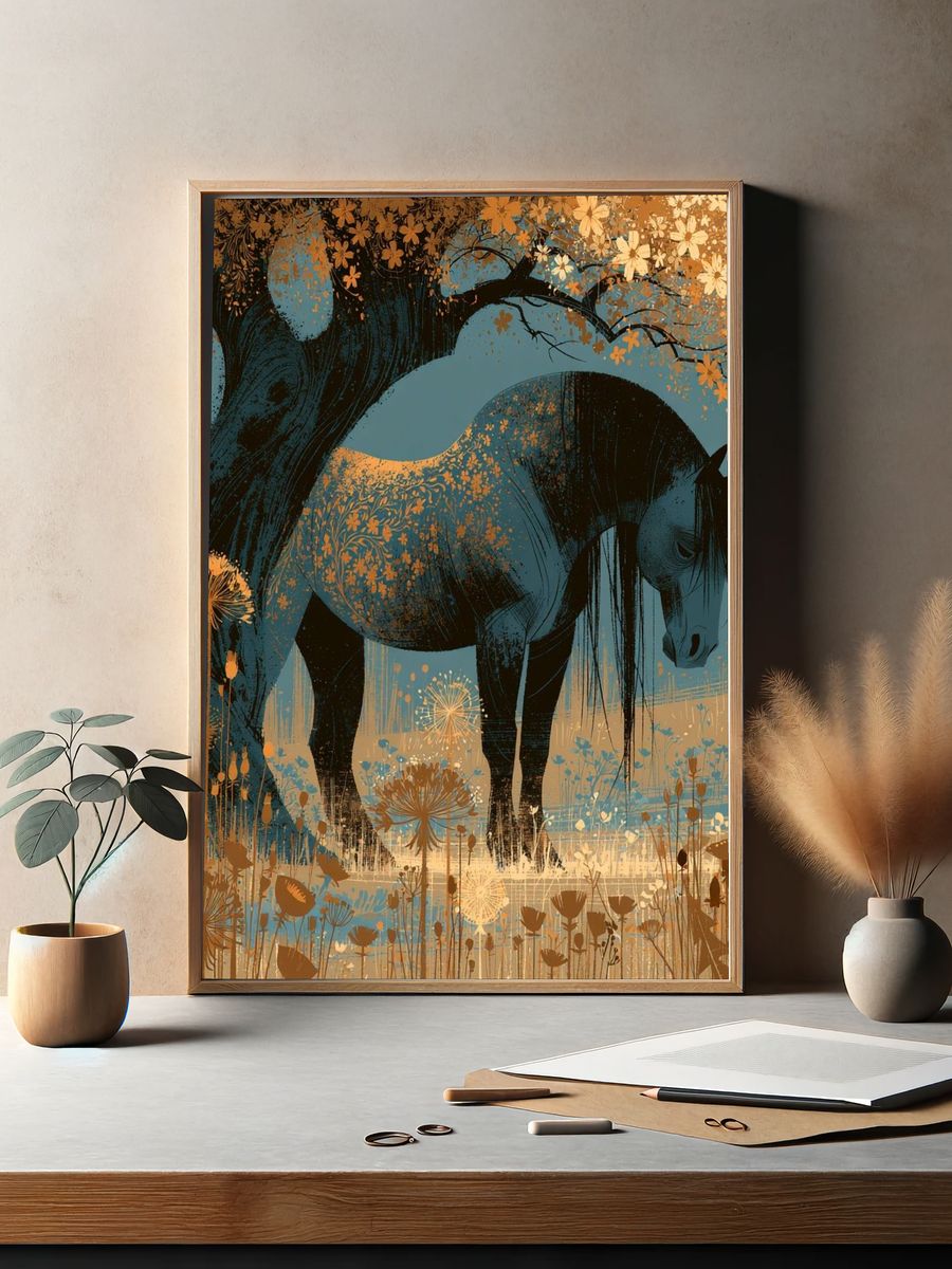Horse Under Blossom Tree Print. — room view 2