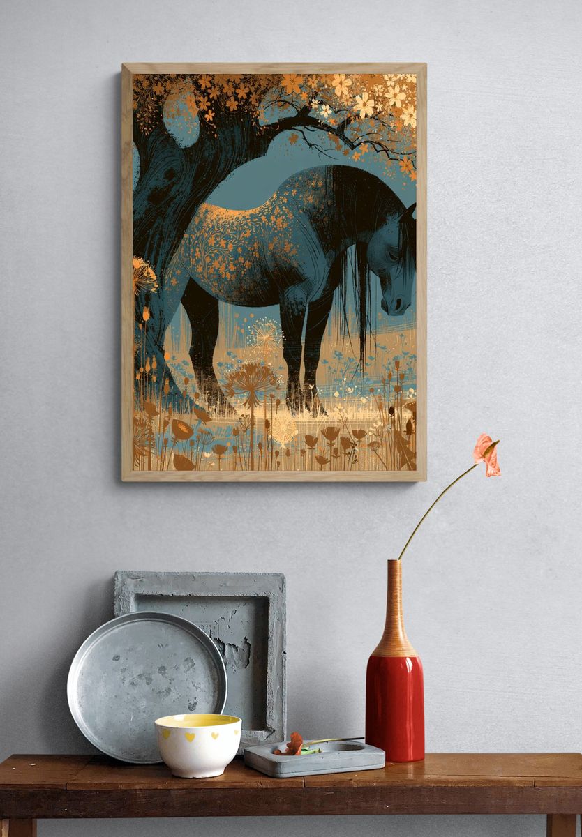 Horse Under Blossom Tree Print. — room view 3