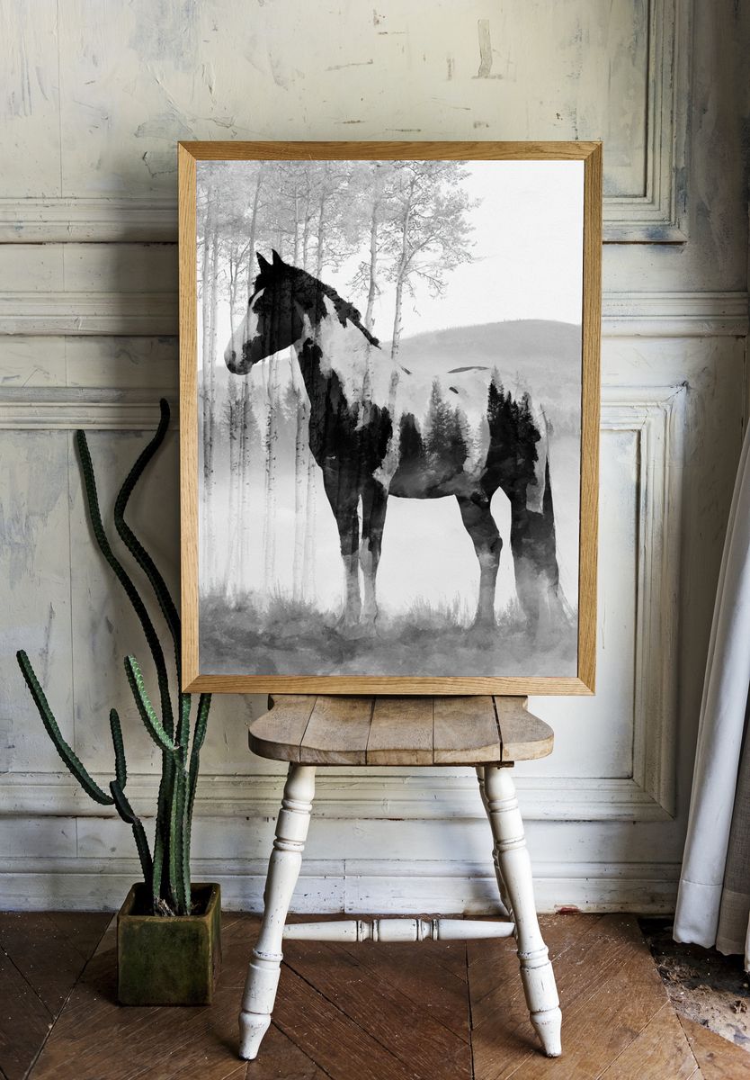 Horse in Misty Forest Print. — room view 1