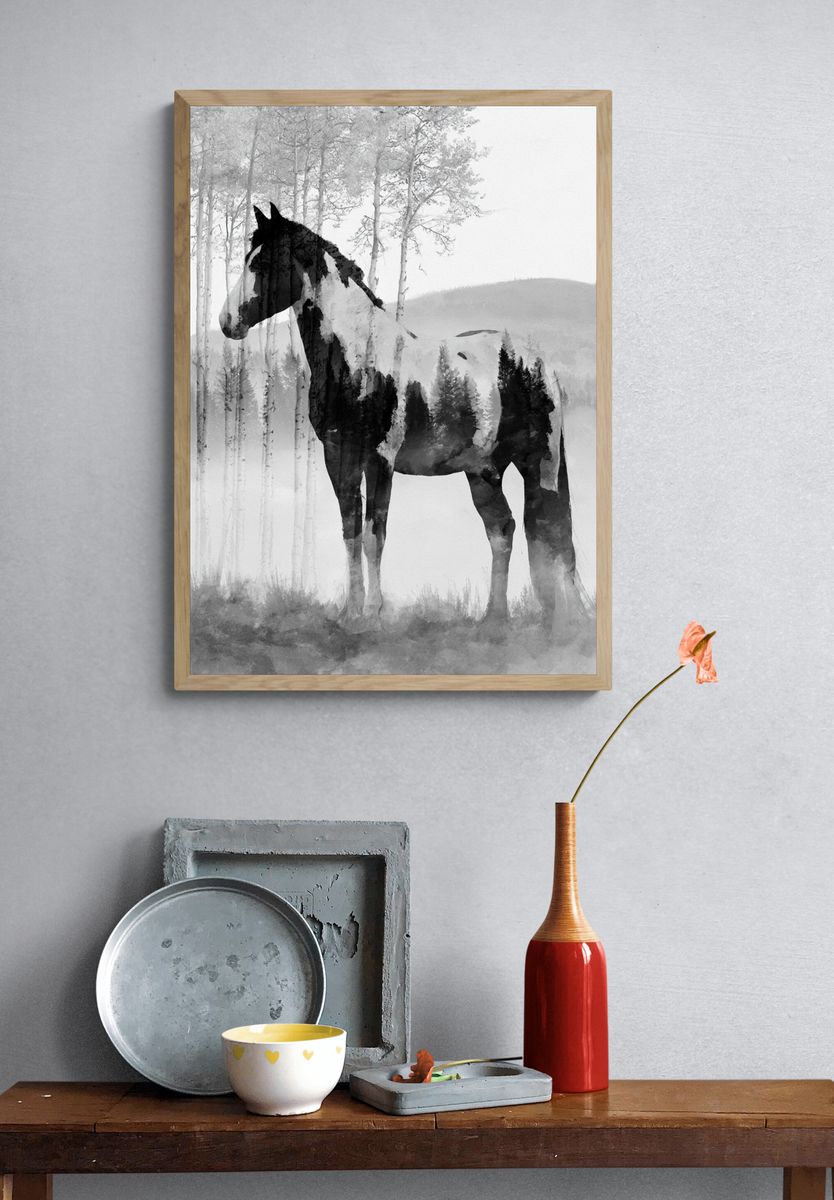 Horse in Misty Forest Print. — room view 3