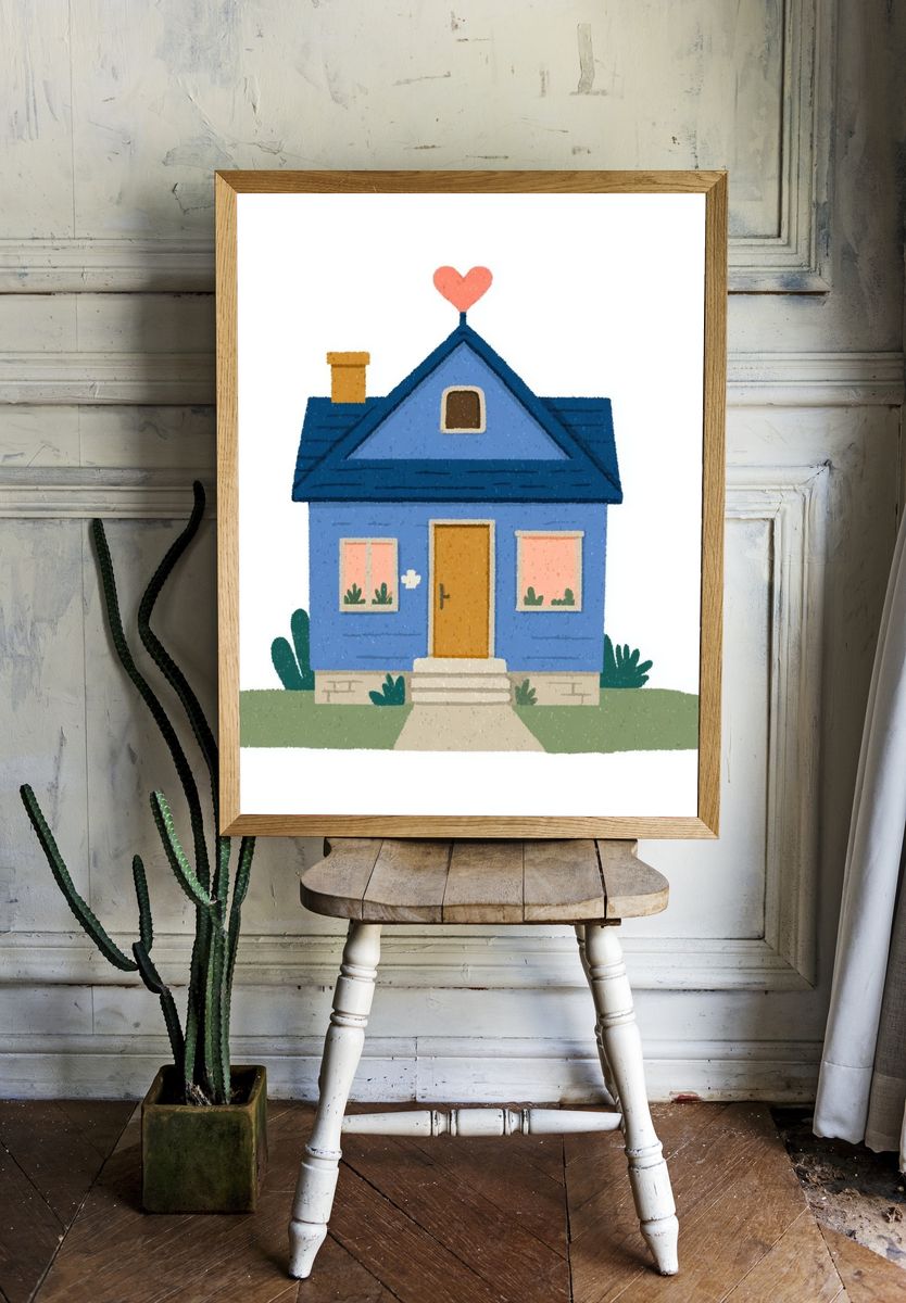 Blue House with Heart Roof Poster. room preview